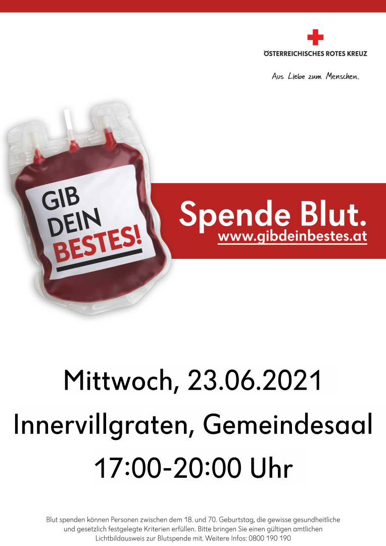 Innervillgraten Plakat Blutspendeaktion 2021